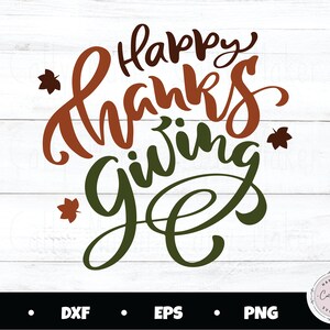 May include: Happy Thanksgiving text in brown and green with a stylized font. The text is surrounded by small brown leaf shapes.