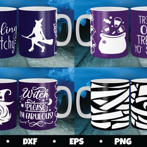 May include: Set of four Halloween-themed mugs with different designs. The mugs are purple with white designs. The designs include a witch on a broomstick, a cauldron with candy, a witch with a hat, and a mummy. The text on the mugs reads "Feeling Witchy", "Witch Please I'm Fabulous!", "Trick or Treat Yo' Self!" and "Handmade Cozy Maker".