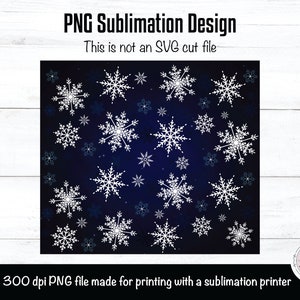 Op de afbeelding: Een digitaal ontwerp met een herhalend patroon van witte sneeuwvlokken op een donkerblauwe achtergrond. De tekst "PNG Sublimation Design" en "This is not an SVG cut file" wordt boven het ontwerp weergegeven. De tekst "this is a 300 dpi PNG file made for printing with a sublimation printer" wordt onder het ontwerp weergegeven.