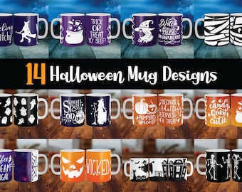 14 Halloween Mug Press Designs, Witch Mug Wrap (SVG, PNG, DXF)