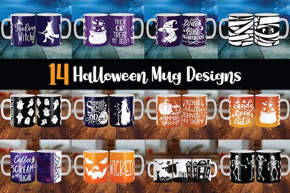 14 Halloween Mug Press Designs, Witch Mug Wrap (SVG, PNG, DXF)