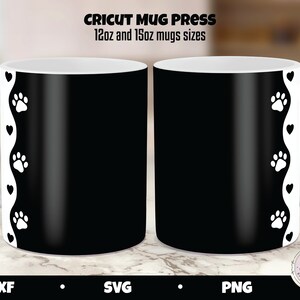 May include: Two black mugs with white paw prints and hearts on the side. The mugs are 12oz and 15oz sizes. Cricut Mug Press.