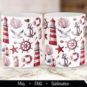 May include: White ceramic mug with a nautical themed design. The mug features red and white striped lighthouses, anchors, seagulls, life preservers, starfish, and coral.
