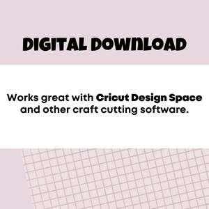K&ouml;nnte beinhalten: Digitaler Download-Grafik mit wei&szlig;em Text auf rosa Hintergrund. Der Text lautet "DIGITAL DOWNLOAD" in fetten schwarzen Buchstaben. Unter dem Text befindet sich ein wei&szlig;es Rechteck mit dem Text "Funktioniert hervorragend mit Cricut Design Space und anderer Bastel-Schneidesoftware."