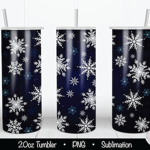 Op de afbeelding: Een sublimatieontwerp voor een 591 ml tumbler met een donkerblauwe achtergrond en witte sneeuwvlokken. Het ontwerp is perfect voor wintervakanties en feestdagen.
