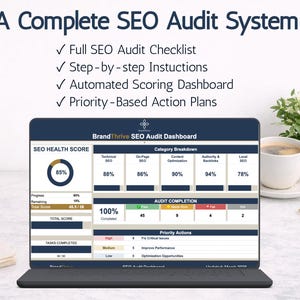 K&ouml;nnte beinhalten: Ein Laptop zeigt ein SEO-Audit-Dashboard mit Datenvisualisierungen und einer Checkliste. Der Bildschirm zeigt einen SEO-Gesundheitswert von 85 % mit Aufschl&uuml;sselungen f&uuml;r technisches SEO, On-Page-SEO, Inhaltsoptimierung, Autorit&auml;t und lokales SEO. Der Text lautet "A Complete SEO Audit System".