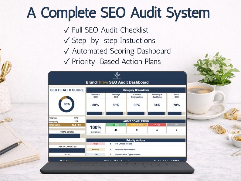 K&ouml;nnte beinhalten: Ein Laptop zeigt ein SEO-Audit-Dashboard mit Datenvisualisierungen und einer Checkliste. Der Bildschirm zeigt einen SEO-Gesundheitswert von 85 % mit Aufschl&uuml;sselungen f&uuml;r technisches SEO, On-Page-SEO, Inhaltsoptimierung, Autorit&auml;t und lokales SEO. Der Text lautet "A Complete SEO Audit System".