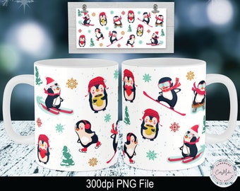Penguin Christmas Mug Sublimation Design PNG (Digital Download)