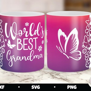 Cricut taza prensa svg, prensa de taza de abuela, taza de abuela svg, mejor abuela svg del mundo, sublimación png, diseño de taza prensa svg, taza de mariposa
