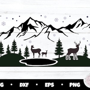 Reindeer svg, winter svg, forest svg, mountain svg, deer svg, christmas tree svg, forest silhouette, mountain range svg