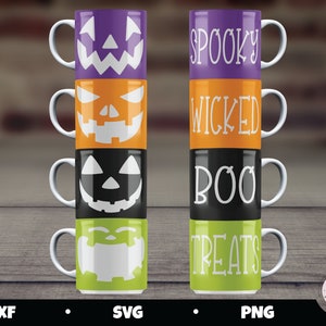 Puede incluir: Cuatro tazas apiladas con temas de Halloween. La taza superior es morada con la palabra "SPOOKY" en blanco. La segunda taza es naranja con la palabra "WICKED" en blanco. La tercera taza es negra con la palabra "BOO" en blanco. La taza inferior es verde con la palabra "TREATS" en blanco. Las tazas están decoradas con caras de calabaza.
