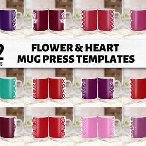 12 cricut mug press bundle, 12 flower and heart mug press designs, mug sublimation png, mug press templates, 12oz and 15oz mugs