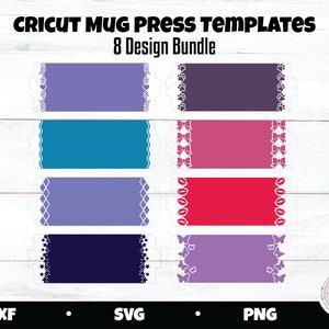 Puede incluir: Ocho plantillas de prensa para tazas Cricut en un paquete. Las plantillas presentan diferentes diseños, que incluyen corazones, huellas de patas, lazos, labios y mariposas. Los diseños son de varios colores, entre ellos morado, azul, rosa, rojo y negro.
