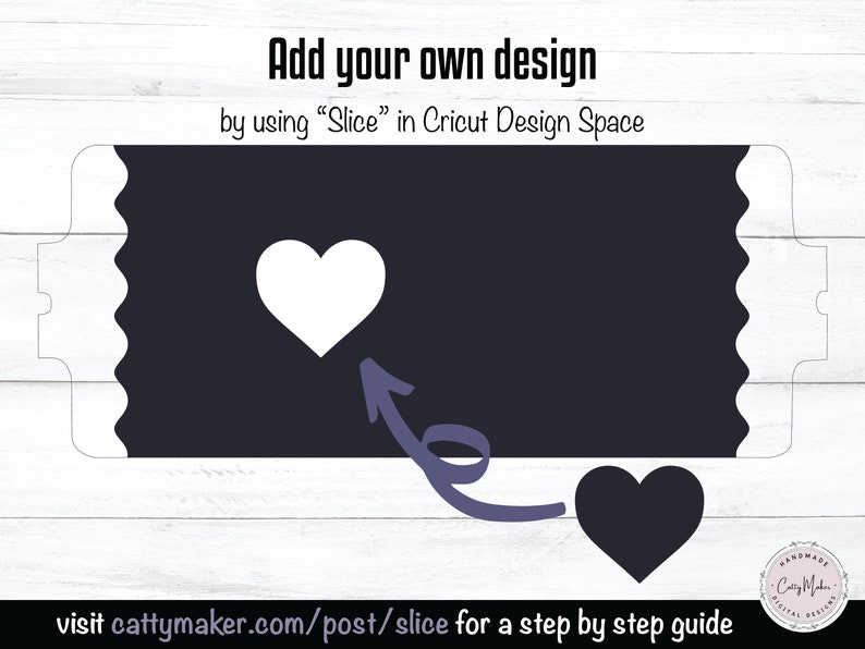 May include: A black and white image showing how to use the "Slice" feature in Cricut Design Space to create a custom design. A white heart is shown being moved to the bottom of the design, where it is then sliced to create a black heart.