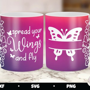 May include: A white ceramic mug with a pink and purple ombre design. The mug features a white butterfly with a blank space for personalization and the text "spread your wings and fly".