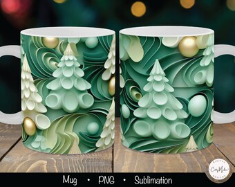 3D Christmas Tree Mug Wrap, Sublimation PNG (Digital Download)