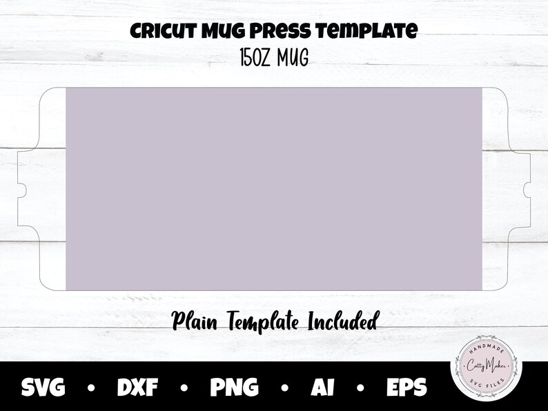 Puede incluir: Una plantilla Cricut para una taza de 15 oz. El dise&ntilde;o presenta una forma rectangular de color p&uacute;rpura claro con un contorno blanco, y el texto "CRICUT MUG PRESS TEMPLATE" y "150Z MUG" en negro. Tambi&eacute;n est&aacute;n presentes las palabras "Plain Template Included".