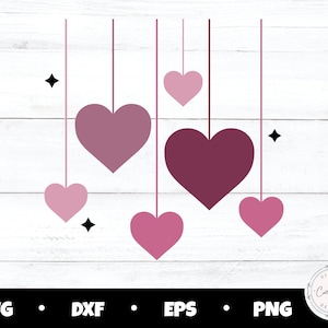 Puede incluir: Un diseño digital de seis corazones rosas y burdeos colgando de cuerdas sobre un fondo de madera blanca. Los corazones son de varios tamaños y tonos de rosa y burdeos.