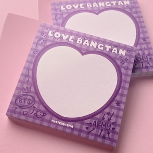 May include: Purple sticky notes with a heart-shaped outline and a checkered pattern. The notes feature the text "LOVE BANGTAN" and various drawings including a crown, a star, a planet, and the words "BTS" and "ARMY".