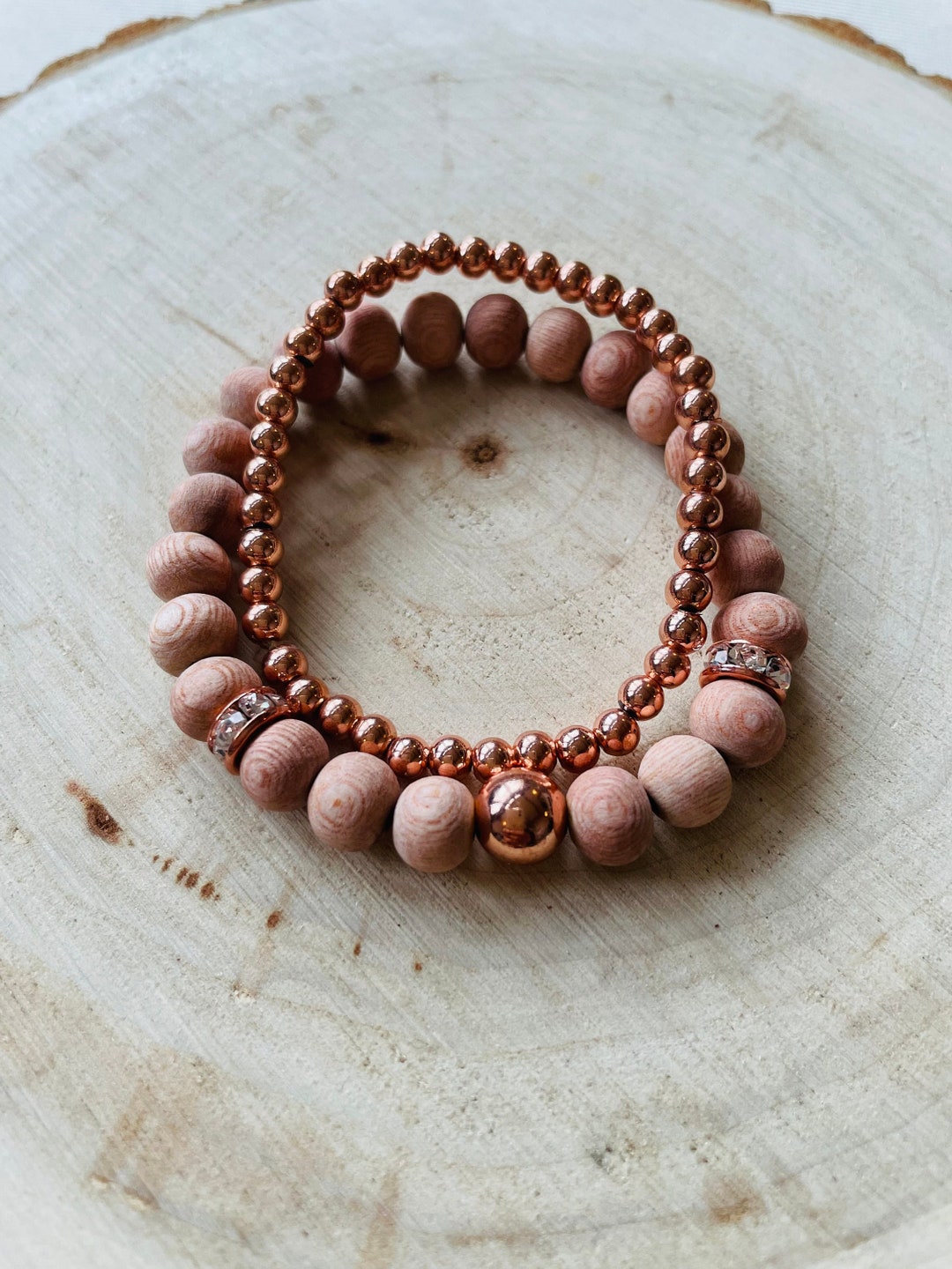Compassion Bracelet Stack, 8mm Rose Wood, 4mm Rose Gold Hematite ...