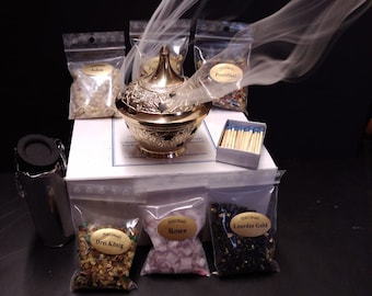 INCENSE SET (with 6 types of incense + charcoal and brass censer)