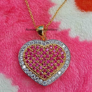 Ruby Heart Pendant Necklace, Simulated Diamond, 14k Yellow Gold Plated