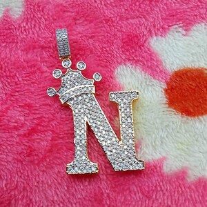 2.00 Carat Round Shape Diamond Tester Pass Real Moissanite Initial Alphabet Letter &quot;N&quot; Pendant 14k Yellow Gold Plated 925 Sterling Silver.