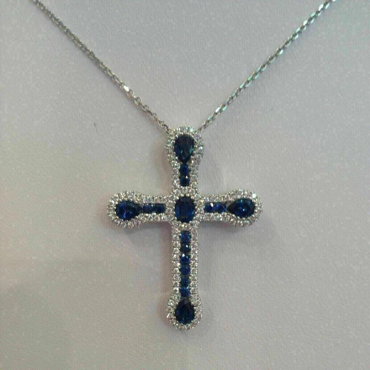 Croix Ancienne En Argent Massif Avec Véritable Saphir Bleu - Pendentif Vintage - Occasion
