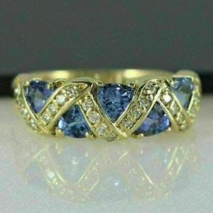 3.00 Carat Trillion Shape Simulated Tanzanite & Diamond Women&#39;s Wedding Ring 14K Yellow Gold Plated 925 Sterling Silver.
