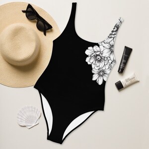 Black Floral Sketch One-Piece Swimsuit