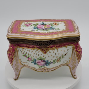 Antique French Sevres Style Porcelain Trinket Box: Hand-Painted Flowers