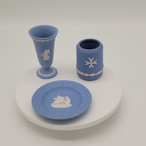 Vintage Wedgwood Blue Jasperware, Your Choice, 4&quot; Bud Vase, 4&quot; Patrician Tray or 3&quot; Crusader Cross Cigarette Jar