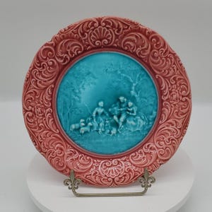 Antique German Majolica Plate: Blue Pastoral Scene, Red Rococo Border