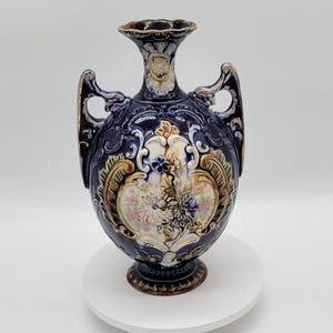 Antique Cobalt Majolica Ewer: English Floral Vase