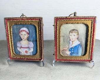 Antique Miniature Watercolor Child Portraits with Embossed Leather & Gilt Frames, Choice