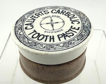 アンティークのヴィクトリア朝時代のイギリス製歯磨き粉ポットの蓋と底、「カルバーツ・カーボリック」