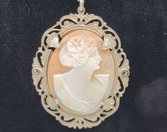 Antique Art Nouveau Shell Cameo Pendant: Sterling Silver Marcasite Necklace