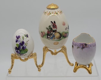 Huevo de Pascua vintage de porcelana Lenox con soporte: conejos o violetas pintados a mano