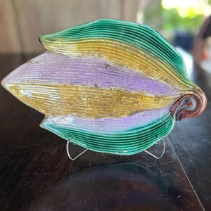 Beautiful Antique Art Nouveau Style Majolica Leaf Plate or Bowl, Yellow, Green & Lavender