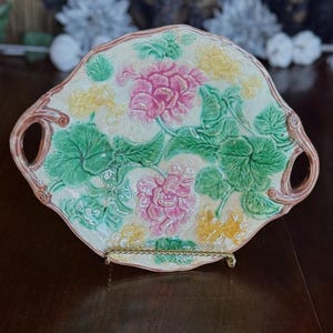 Antique Etruscan Majolica Pink & Yellow Geranium Double Handled Cake Plate