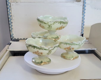 Antique Northwood Intaglio Custard Glass Dessert Cups or Compotes With Gold Gilt Flower & Green Leaves Set of 4 or 2, Your Choice