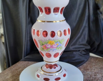 Vintage Moser Karlsbad Bohemian Glass Vase White Cut to Red w/Gold Gilt