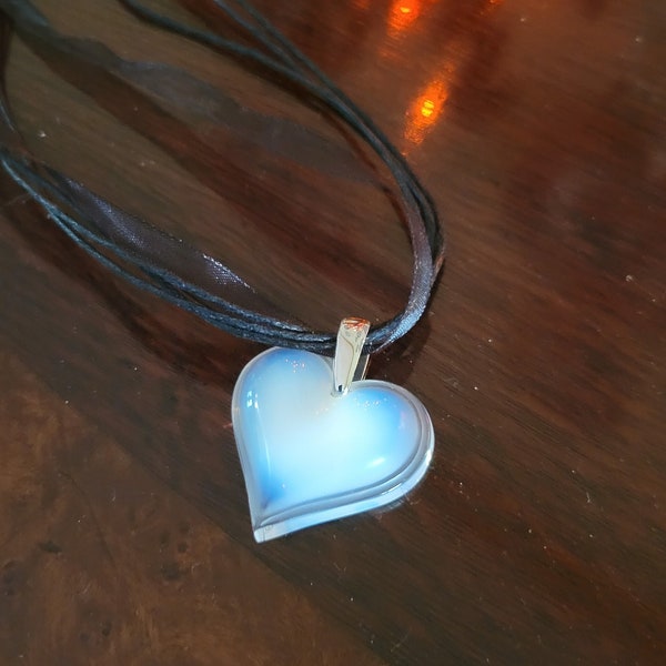 Vintage Lalique White Glass/Sterling Heart Pendant W/Black Ribbon Choker