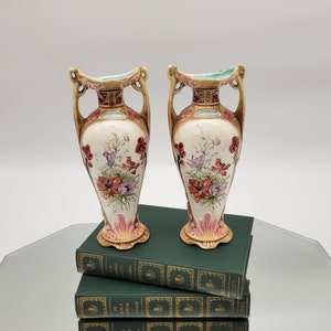 Antique Art Nouveau Majolica Doubled Handle 8" Vases Set of 2