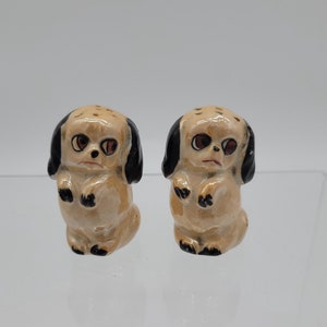 Vintage Kitschy Salt & Pepper Shakers Adorable Puppies in with Black Ears and Lusterware Bodies