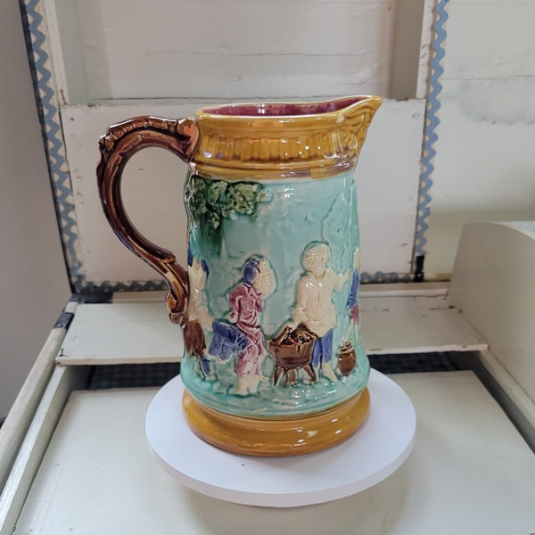 Antique French Majolica 10" Pitcher, Great Color With Unique Face Handle