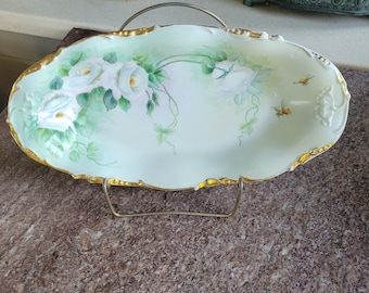 Antique Limoges Bowl Hand Painted w/White Roses & Bumblebees Unique Item! Artist Signed