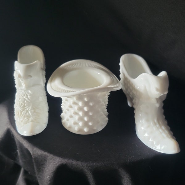 Vintage Fenton Milk Glass Cat Shoes and Hobnail Hat Toothpick Holder Your Choice