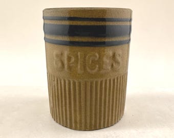 Antikes Yellow Ware Salzglasur-Blaues Streifen-Gewürzglas