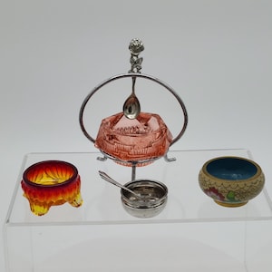 Unusual Salt Cellars Including, Cloisonne salt cellar, Sterling Salt Dip w/Sterling spoon, Square Amberina Glass or Large Pink Glass Cellar